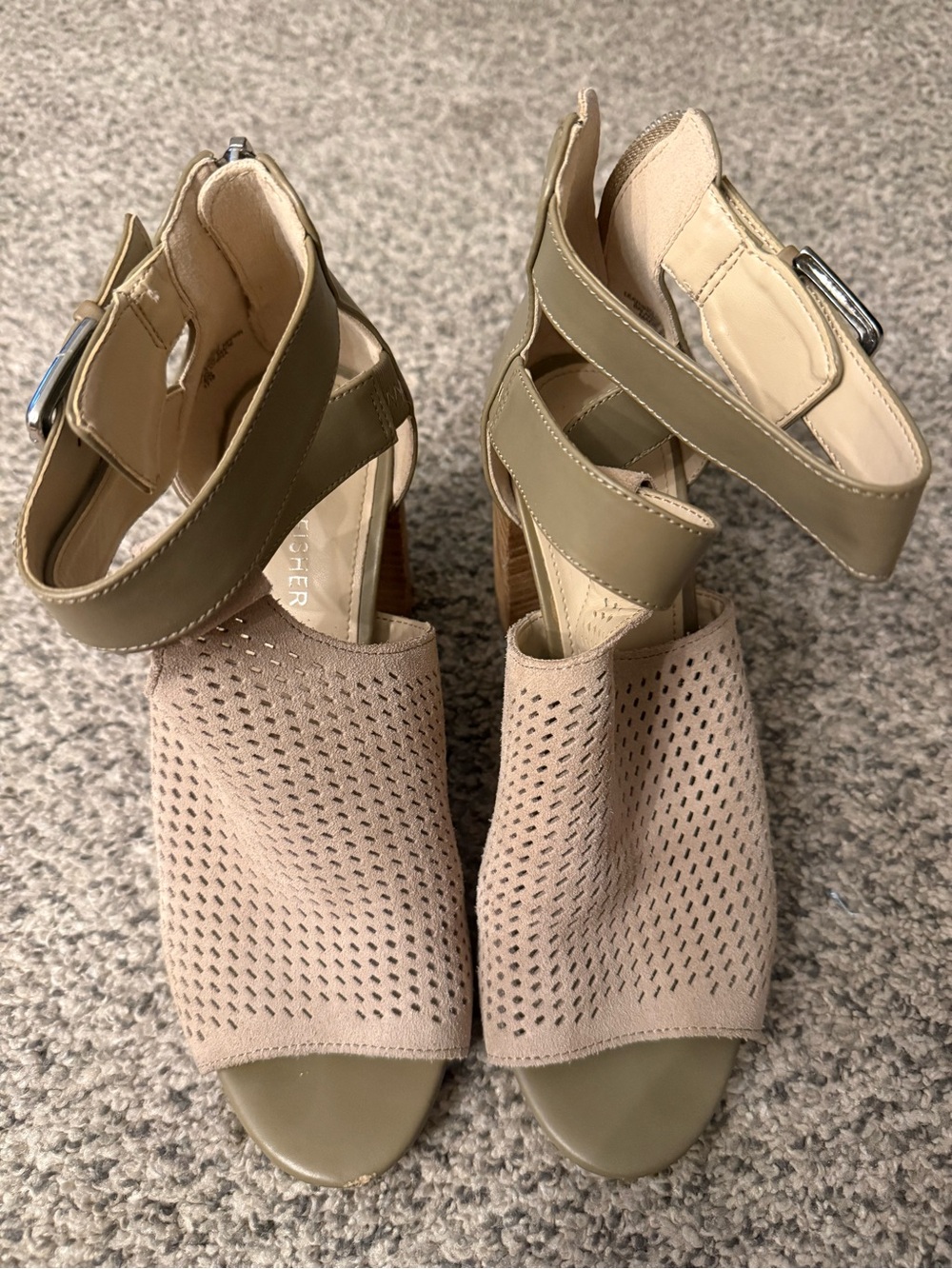 Marc Fisher Taupe Perforated Open-Toe Heels with Olive Ankle Straps